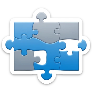 Minimal flat-style puzzle piece emoji in blue and grey, professional design for business presentation, clean edges, modern corporate aesthetic sticker