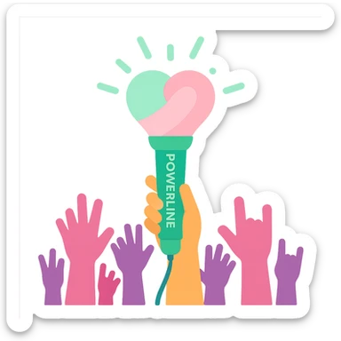 green and pink K-Pop lightstick with the keyword 'POWERLINE' on the handle, glowing, held up in a crowd at a concert, vibrant lighting sticker