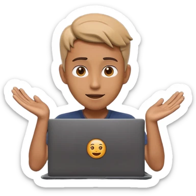 A dark-colored laptop with the screen open. From the screen, a person is emerging, giving a lecture or teaching. The person should look expressive and in a teaching pose. Soft shadows, semi-3D emoji style, clean background. video course sticker