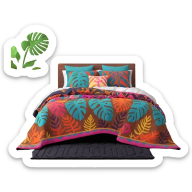 modern boho bedroom with monstera plants, colorful textured rugs, and piles of cozy blankets sticker