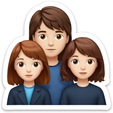 Two girls and a boy. Girl one has long, wavy, light to reddish-brown hair with bangs. Girl two has a dark-colored bob haircut. The boy has wavy, tousled, light to reddish-brown hair with a right side parting. sticker