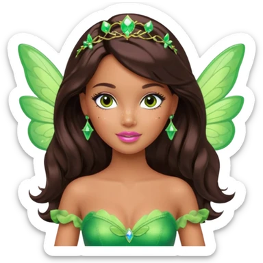 Pretty thick Barbie girl with caramel skin. Dark brown hair and brown eyes. She has freckles. Wearing sexy makeup. Wearing a green fairy costume and heels and flying sticker