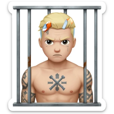 angry blonde tattooed male prisoner with prison cell bg sticker