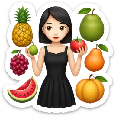 asian young woman in black dress with images of fruits on it sticker