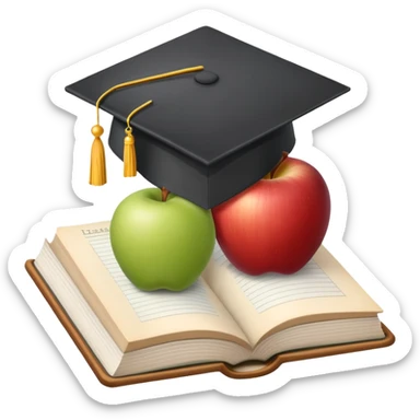 An icon featuring an open book, a chalkboard with lesson plans, and a pencil, symbolizing education and pedagogy. The design includes an apple and a graduation cap, representing teaching and learning. Transparent background highlights the growth and development in education. sticker