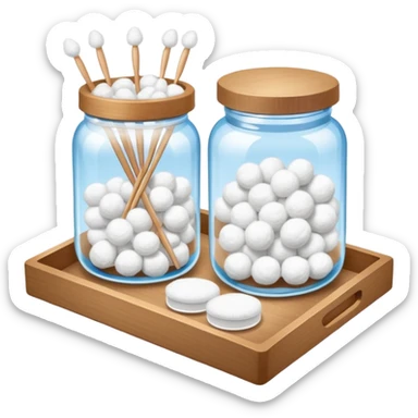 wooden tray with a jar of cotton balls, a jar of cotton swabs, a jar of cotton pads with wooden lids, with sparkles sticker