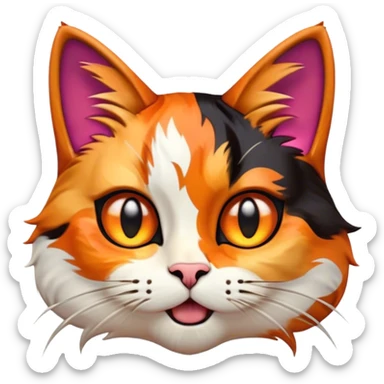 Cinematic Comical Calico Cat Portrait Emoji, Head tilted dramatically with an exaggeratedly surprised expression, showcasing a vibrant patchwork fur of orange, black, and white with wide, comically expressive eyes, simplified yet hilariously detailed, glowing with a sassy, golden radiance, high shine, exuding playful mischief and cheeky feline attitude, styled with a soft glowing outline, capturing the essence of a calico cat that looks ready to leap off the screen with mischievous flair! sticker