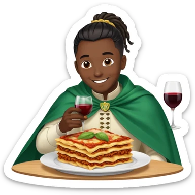  High fade widows peak ponytail dreadlock male black hair dark skin smiling and nigerian cape lasagna and wine while flying sticker