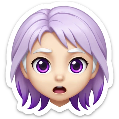 Chibi Sable Ward with shocked expression, wide purple eyes, mouth in an O shape, white hair with purple streaks, surprised look sticker