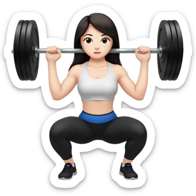 Девушка белокожая, с длинными темными волосами, в одежде для йоги - черные лосины, белый топ, делает присед со штангой 100 килограмм на плечах, правильные пропорции тела, только человек, весь эмодзи это вид в профиль sticker