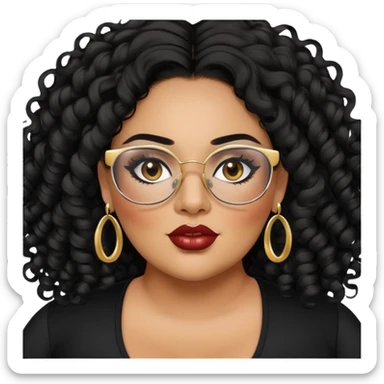 big plus size, latina, darker tan skin, long black curly hair, baddie,pretty, makeup, lipliner, black eyeliner, long hair, gold earrings, black top, glasses sticker