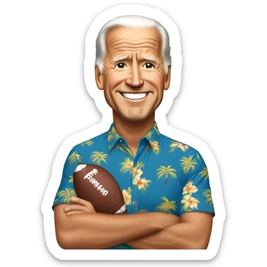 Joe Biden wearing a football helmet and a Hawaiian shirt sticker