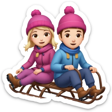 sledge surrounded with snow with boy and girl on top of it riding sticker