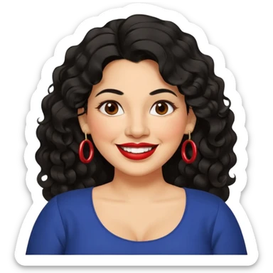 40 yr old Mexican woman, slightly chubby, wavy/curly long black hair, red lipstick, big smile, white teeth, brown eyes, hoop earings, side part to hair, round face, nice blouse, no wrinkle hair side swept, big hoop earing sticker
