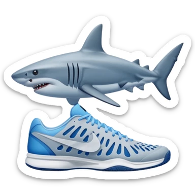 shark at the seaside, blue Nike tennis shoes on its fins sticker