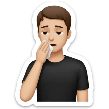 A man in a black t-shirt crying and wiping tears with a tissue sticker