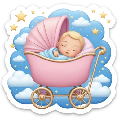 sleeping baby in pink and beige stroller surrounded by many pastel blue clouds and sparkling stars sticker