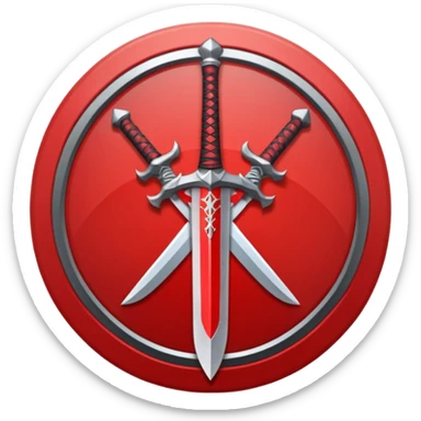 Make an mmo rpg red sword class icon inside of a round emblem in anime style sticker