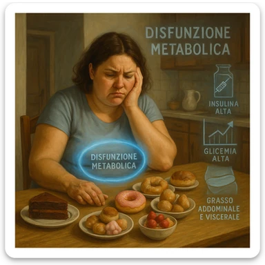 realistic surreal symbolism; woman late 30s, slightly overweight, sitting tired at kitchen table with sweets in front; frustrated expression; blue halo around abdomen (metabolic dysfunction); transparent icons: high insulin, high blood sugar (graph with upward arrows), fat on belly and hips; writings in Italian sticker