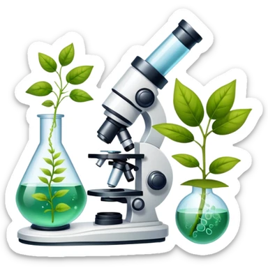 An icon featuring a DNA helix, a microscope, and a plant leaf, symbolizing biology. The design includes animal cells, a test tube, representing the study of life forms, ecosystems, and genetics. Transparent background highlights the exploration of living organisms. sticker