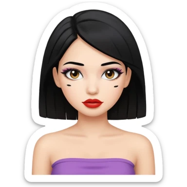 Girl with straight black hair and full face make up with lipliner wearing a tube top sticker