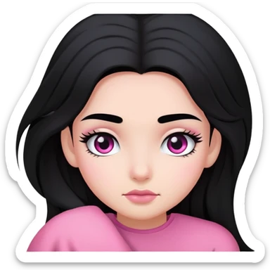 A girl with black hair, black eyes and eyebrows, relatively long hair, and a beautiful pink sticker