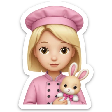 girl kid italian chef, blonde,  pink uniform, holding plush rabbit sticker