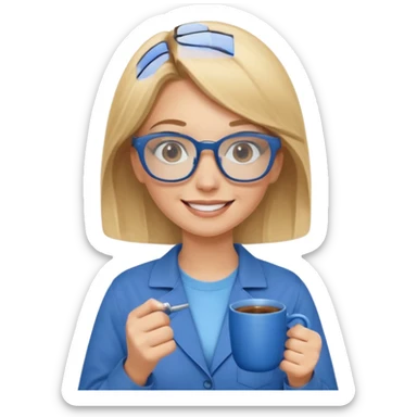 Blonde haired women with blue glasses and a brown worksuit on holding a blue mug of tea and smiling. sticker
