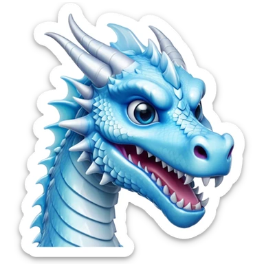 Cinematic Comical Beautiful Ice Dragon Portrait Emoji, Head tilted dramatically with an exaggeratedly amused expression, featuring a striking, glossy icy body with bold, crystalline textures and wide, expressive eyes that shimmer with playful frost, rendered with vibrant, lifelike detail and dynamic, natural shadows, high shine, dramatic yet whimsical, styled with an air of cheeky arctic mischief, soft glowing outline, capturing the essence of a spirited and over‐the‐top ice marvel that looks ready to burst into a flurry of frosty fun! sticker