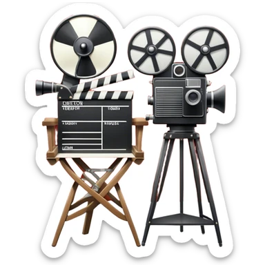 Icon for Directing: a director's chair, a film clapperboard, large movie camera, vintage megaphone and a stage with a spotlight. The icon should represent the creative and organizational aspects of directing, with focus on storytelling, staging, and performance. Transparent background. sticker