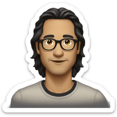 Beige guy, black eyes, black long wavy hair, no facial hair, thin long nose, round glasses, black t shirt sticker