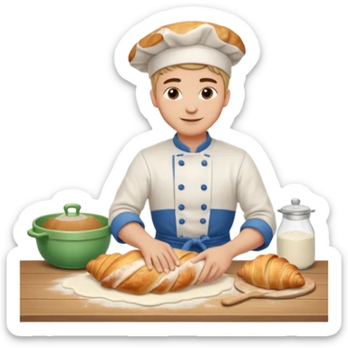 Young male baker – rolling croissant dough on a wooden table, flour on clothes

 sticker