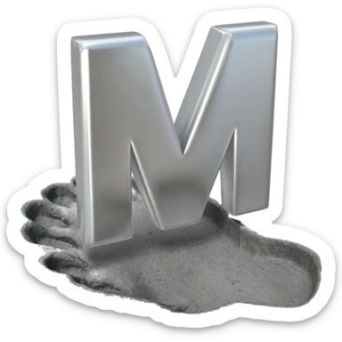 Minimalist 3D emoji based on image_e44ce5.png: massive polished chrome geometric 'M' raised metal relief, integrated central on deeply impressed bare heel in rough grey concrete. Harsh shadows, high contrast. Isolated on white sticker
