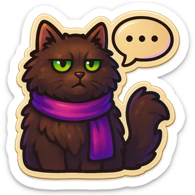 Fluffy dark-brown cat with green eyes and a purple scarf saying ‘…’ with a poker face (with a speech bubble) sticker