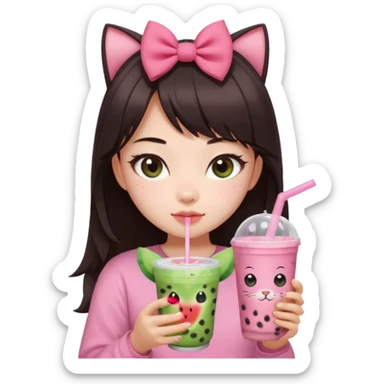 Pale asian girl with cat eyes big pupils with dark brown hair side bangs t the left and layered hair towards the inside with pink bow on hair and pink outfit holding a watermelon bubble tea sticker