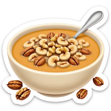 Walnut soup sweet dessert in bowl with nuts, simplified emoji style with bold outlines and bright colors, cartoon style Hetao Hu traditional sweet sticker