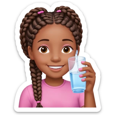 Black girl with braids drinking water. She is on pink and is smiling sticker