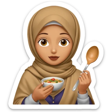 a woman wearing a pashmina hijab is eating while holding a spoon sticker
