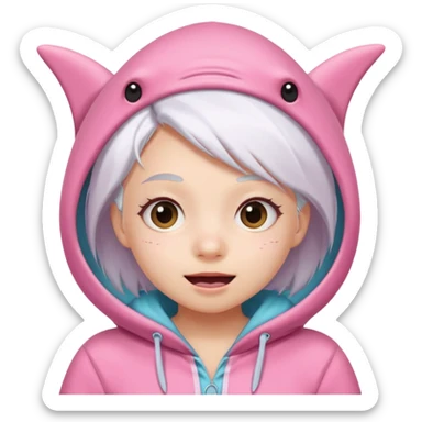 cute girl with white hair in a pink shark onesie, making a silly face sticker