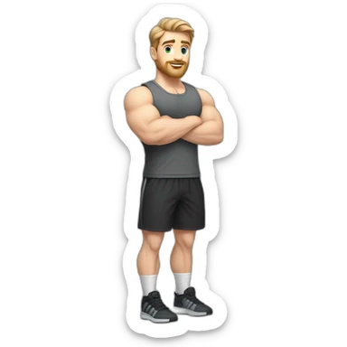 Full height Pale skinned fit man With biceps, Realistic eyes and mouth, light brown hair and stubble In dark gray sleeveless mike, black oversize sports shorts, watch and white sneakers. sticker