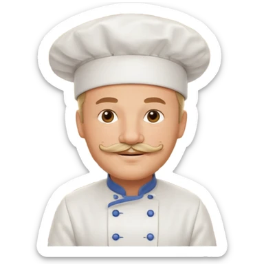 Est-ce que tu peux me faire un chef cuistot qui ressemble à Philippe Etchebest et qui est devant un restaurant? Est-ce que tu peux le faire souriant, avec une moustache de cuistot? 
 sticker