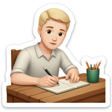 white man writing at a table sticker