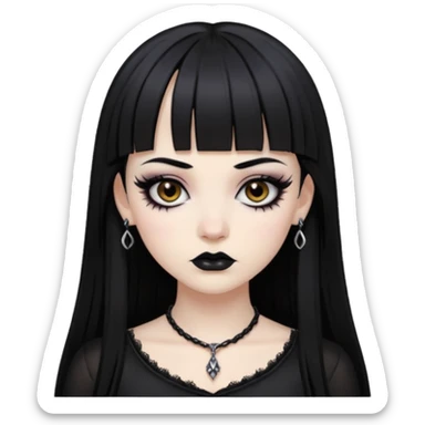Faça uma moça de cabelo preto e micro micro franja pálida e com maquiagem gótica pesada olhos castanhos escuro  sticker