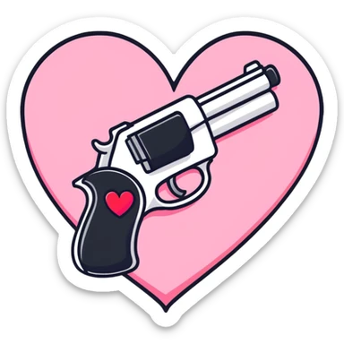 cartoonish love gun with bold lines and pink and red hearts sticker