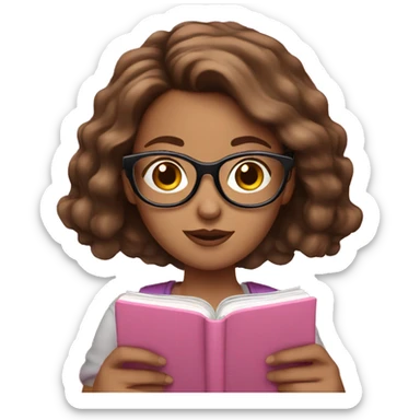 White girl with glasses and brown hair reading on a pink smart phone sticker