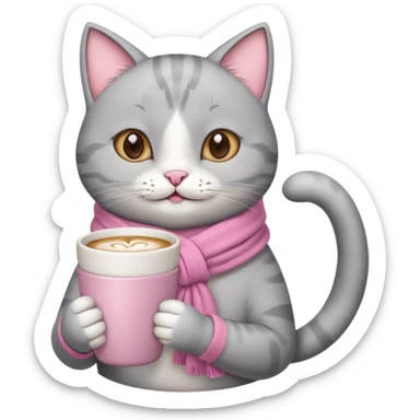 Happy gray Cat with pink scarf holding in its front two paws an hot latte sticker
