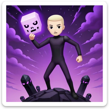 Minecraft Enderman attacking player with username "Artem" in the End dimension, purple sky sticker