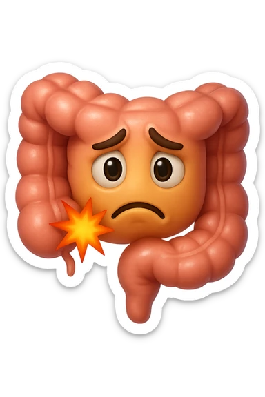 emoji stile iphone di un intestino con mal di pancia, espressione preoccupata, iperrealistica  sticker