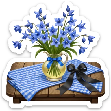 A lush bouquet of bright blue color bluebell black satin ribbon, resting on an antique wooden table, with a pale yellow and pink plaid pattern table cloth sticker