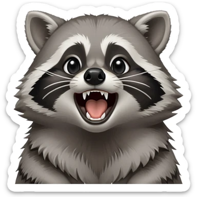 Cinematic-Noble- Yawning Raccoon-Portrait-Emoji – Poised and confident, wide-open yawn, revealing a soft grey with a sturdy build and a beautifully textured fur of silver-grey accented by dark black facial markings, deep-set, big black eyes, simplified yet sharp and sophisticated zoom out to show shoulders sticker